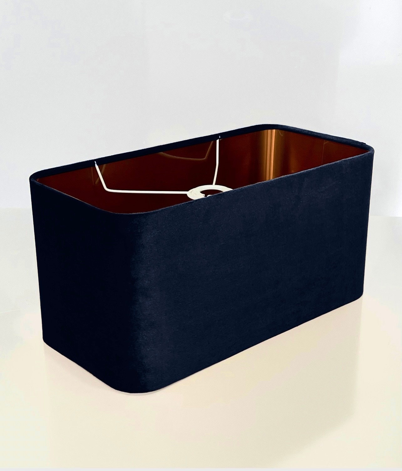new made to order deep dark blue velvet lamp shade and pendant light shade rounded rectangular shape  metallic panels lining for all purpose