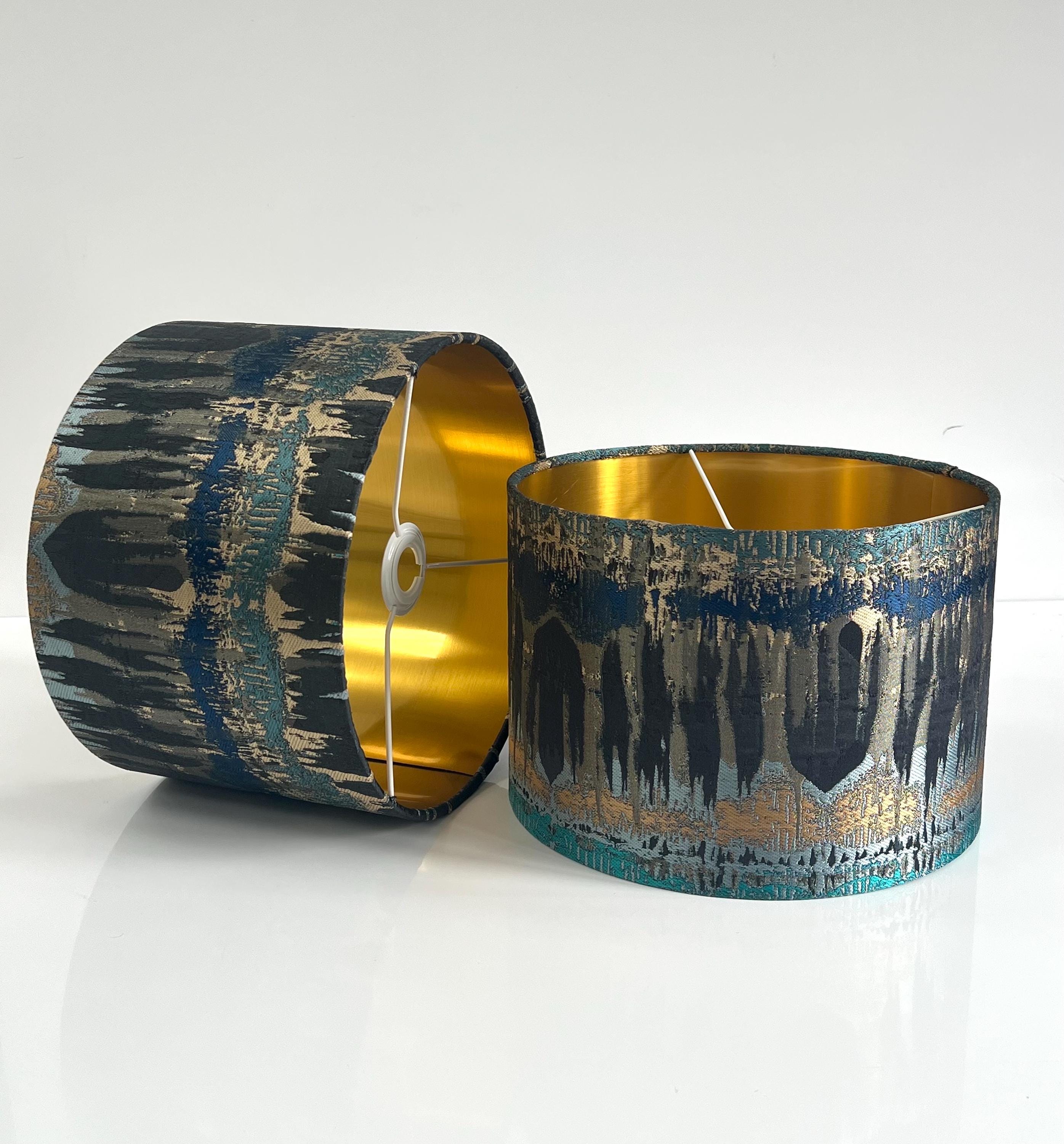 New luxury exclusive range inca teal fabric  drum abstract design lamp shade pendant light shade teal blue With metallic lining