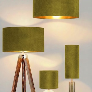 new luxury handmade olive green velvet lamp shade and pendant light shade with metallic panels lining suitable for both ceilings and tables