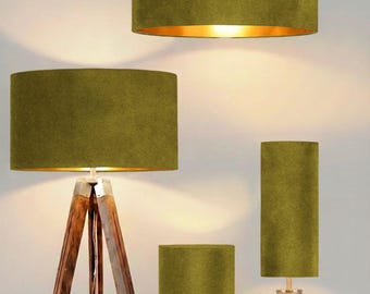 new luxury handmade olive green velvet lamp shade and pendant light shade with metallic panels lining suitable for both ceilings and tables