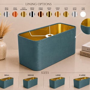 May include: A rectangular teal velvet lampshade with a metallic gold interior lining. The image displays a chart of lining options including brush gold, silver, copper, matte champagne, mirror finishes, and plain white, plus four size variations.