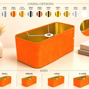 new made to order coral orange velvet lamp shade and pendant light shade  rounded rectangular shape  metallic panels lining for all purpose