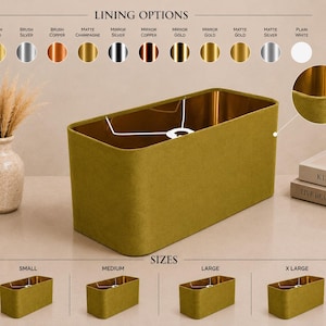 May include: A rectangular olive green velvet lampshade with a metallic interior lining. The image displays a chart of lining options including brush gold, silver, copper, matte champagne, mirror silver, copper, gold, and plain white, plus four sizes.