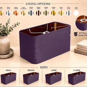 May include: A rectangular purple lampshade with a metallic interior lining. The image displays various lining colour options including brush gold, silver, copper, matte champagne, mirror finishes, and white. It features an E27 ring for spider fitting.