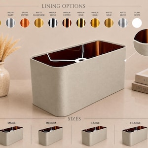 Puede incluir: Una pantalla de lámpara rectangular de color beige con un forro interior de cobre metálico. La imagen muestra etiquetas de texto para LINING OPTIONS que incluyen oro cepillado, plata, cobre, champán mate, plata espejo, cobre, oro y blanco.