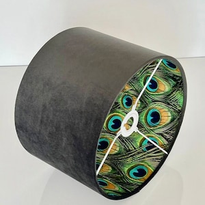 Neue Luxus- HL doppelseitige charcoal grau / dunkel grau Samt und Pfauenfedern Kombination Lampenschirm Pendelleuchte Schatten