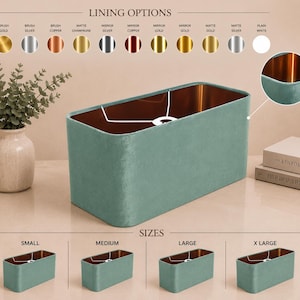 Op de afbeelding: Een rechthoekige saliegroene fluwelen lampenkap met een metallic koperen binnenvoering. De afbeelding toont een overzicht van de voeringopties, waaronder geborsteld goud, zilver, koper, mat champagne, spiegelsilber, koper, goud, mat goud, zilver en wit.