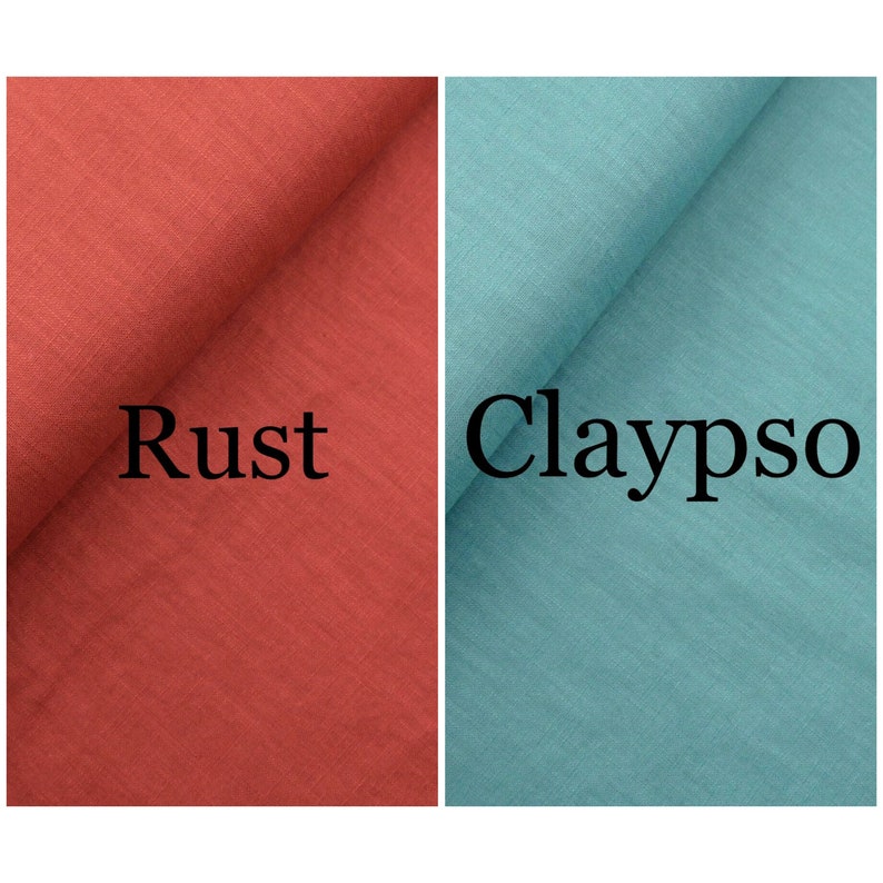 May include: Two fabric swatches, one rust orange and one light blue. The rust orange swatch has the word "Rust" printed on it. The light blue swatch has the word "Calypso" printed on it.