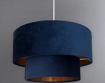 New HQ two tier pendant shade ceiling lamp shade made with navy blue luxurious velvet fabric with metallic lining