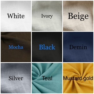 May include: A collage of nine fabric swatches in different colors, including white, ivory, beige, mocha, black, denim, silver, teal, and mustard gold. The swatches are arranged in a 3x3 grid.