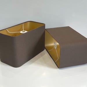 new luxury high quality linen fabric mocha dark brown rounded rectangular shape lamp shade and pendant light shade  with metallic panels