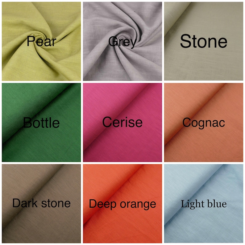 May include: Nine fabric swatches in different colors, including pear, grey, stone, bottle, cerise, cognac, dark stone, deep orange, and light blue.