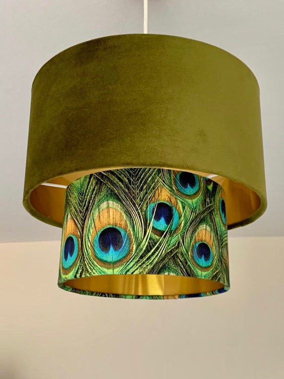 New Luxury Navy Velvet and Peacock Feathers Print Two Tier Pendant