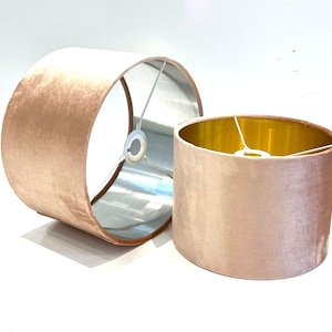 new luxury handmade velvet peach blush colour lamp shade and pendant light shade with metallic  panels lining