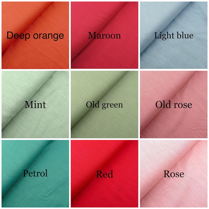 May include: Nine fabric swatches in different colors, including deep orange, maroon, light blue, mint, old green, old rose, petrol, red, and rose.