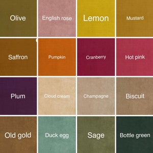 May include: A color chart with 16 different fabric swatches. The swatches are arranged in a 4x4 grid. The colors include olive, English rose, lemon, mustard, saffron, pumpkin, cranberry, hot pink, plum, cloud cream, champagne, biscuit, old gold, duck egg, sage, and bottle green.
