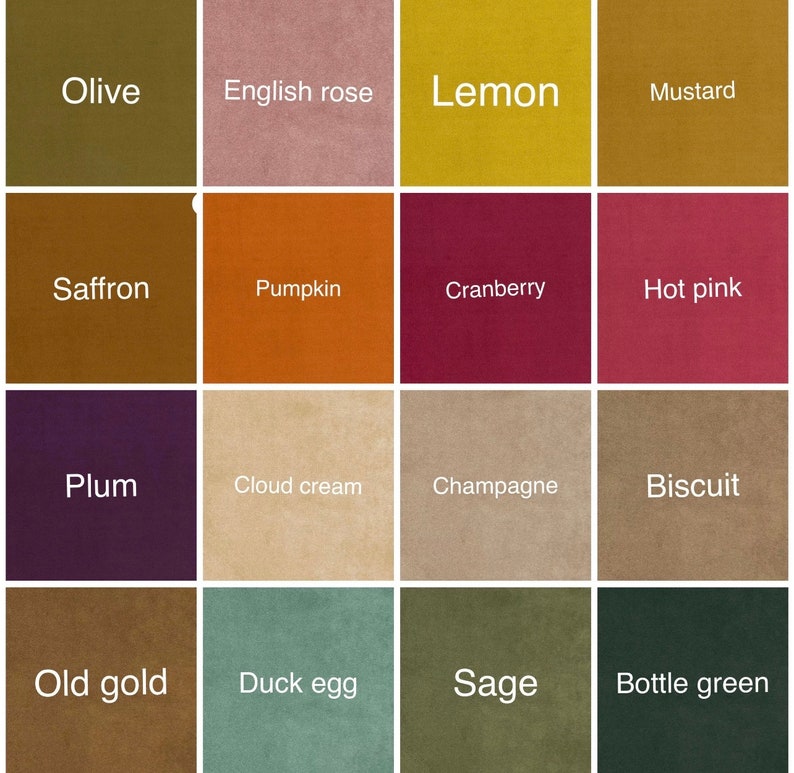 May include: A color chart with 16 different fabric swatches. The swatches are arranged in a 4x4 grid. The colors include olive, English rose, lemon, mustard, saffron, pumpkin, cranberry, hot pink, plum, cloud cream, champagne, biscuit, old gold, duck egg, sage, and bottle green.