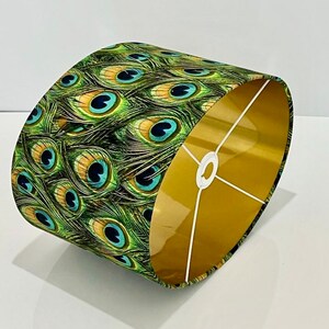 Nuova lampada a sospensione con paralume di forma ovale con stampa di piume di pavone disponibile in diverse dimensioni e forme