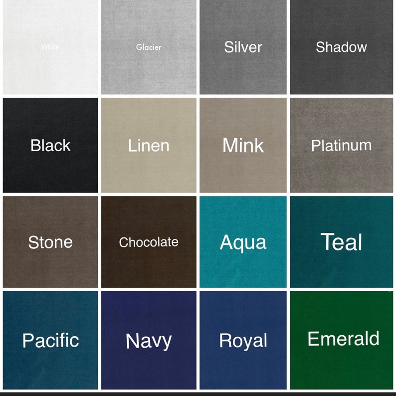 May include: A color chart showing 16 different fabric swatches. The swatches are arranged in a 4x4 grid. The colors include white, glacier, silver, shadow, black, linen, mink, platinum, stone, chocolate, aqua, teal, pacific, navy, royal, and emerald.