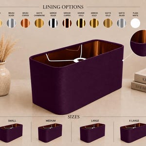 May include: A rectangular lampshade in deep purple fabric with a metallic copper interior lining. The image displays a selection of lining options including brush gold, silver, copper, matte champagne, mirror finishes, and plain white, plus four size options.