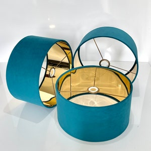 New handmade luxurious aqua teal velvet lamp shade mirror gold lining and golden ring frame many other colours on demand
