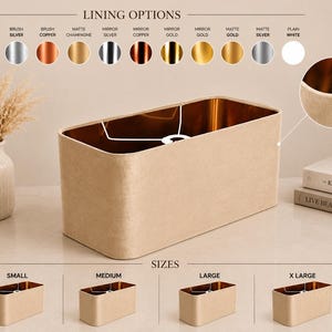 May include: A rectangular beige lampshade with a metallic interior lining. The image displays a chart of lining options including brush gold, silver, copper, matte champagne, mirror finishes, and plain white, alongside four size variations: small, medium, large, and x large.