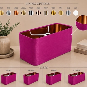 May include: A rectangular lampshade with a vibrant magenta velvet exterior and a metallic copper interior lining. The image displays a chart of lining options including brush gold, silver, copper, matte champagne, mirror finishes, and plain white, plus size options.