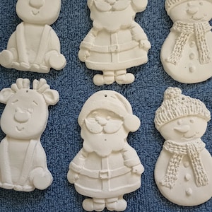 Christmas Ornaments - Ready to paint plaster - Set of 6 - Reindeer Santa Snowman - 4" tall - 1/4" thick