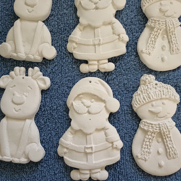 Christmas Ornaments - Ready to paint plaster - Set of 6 - Reindeer Santa Snowman - 4" tall - 1/4" thick