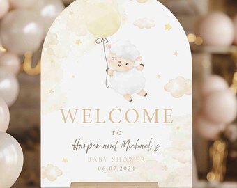 May include: Welcome to Harper and Michael's Baby Shower sign with a cute white lamb holding a yellow balloon in a watercolor style with clouds and stars. The date of the shower is 06.07.2024.