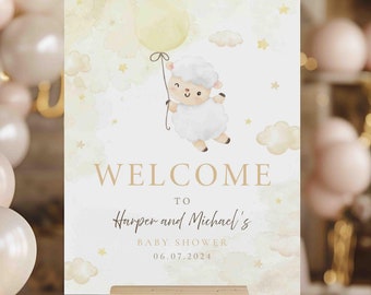 May include: Welcome to Harper and Michael's Baby Shower sign with a cute cartoon lamb holding a yellow balloon. The sign has a watercolor background with clouds and stars.