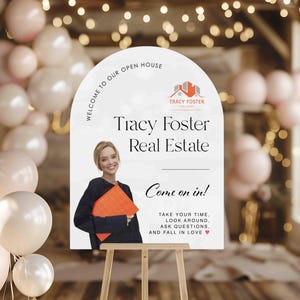 Może przedstawiać: Biały szyld z dniem otwartym na drewnianym sztaludze. Na szyldzie widnieje napis "Tracy Foster Real Estate" i "Come on in!" ze zdjęciem kobiety trzymającej pomarańczową teczkę. Balony i lampki choinkowe w tle.