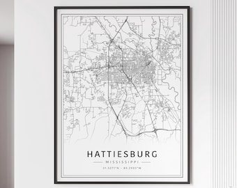 Hattiesburg MS Street Map Print | Acrylic Glass Hattiesburg City Map Print | Canvas Hattiesburg Road Map Print | Poster Hattiesburg Map