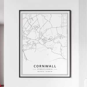 Impression du plan des rues de Cornwall, Pennsylvanie | Impression de carte des Cornouailles sur verre acrylique | Impression de carte routière des Cornouailles | Poster Impression carte des Cornouailles