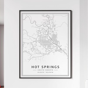 Carte des rues SD de Hot Springs Impression | Impression de carte de ville de sources chaudes en verre acrylique | Carte routière de Hot Springs imprimée sur toile | Poster Carte des sources chaudes
