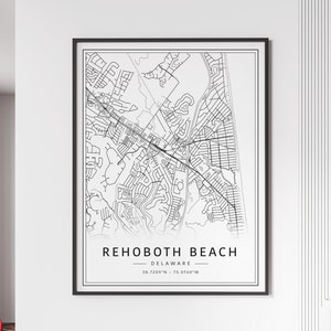 Impression du plan des rues de Rehoboth Beach DE | Impression de carte de plage de Rehoboth en acrylique | Impression de carte routière de Rehoboth Beach | Poster Carte de la plage de Rehoboth
