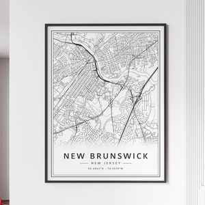 May include: Black and white map print of New Brunswick, New Jersey. The map shows the city streets and includes the coordinates 40.4862°N - 74.4518°W.