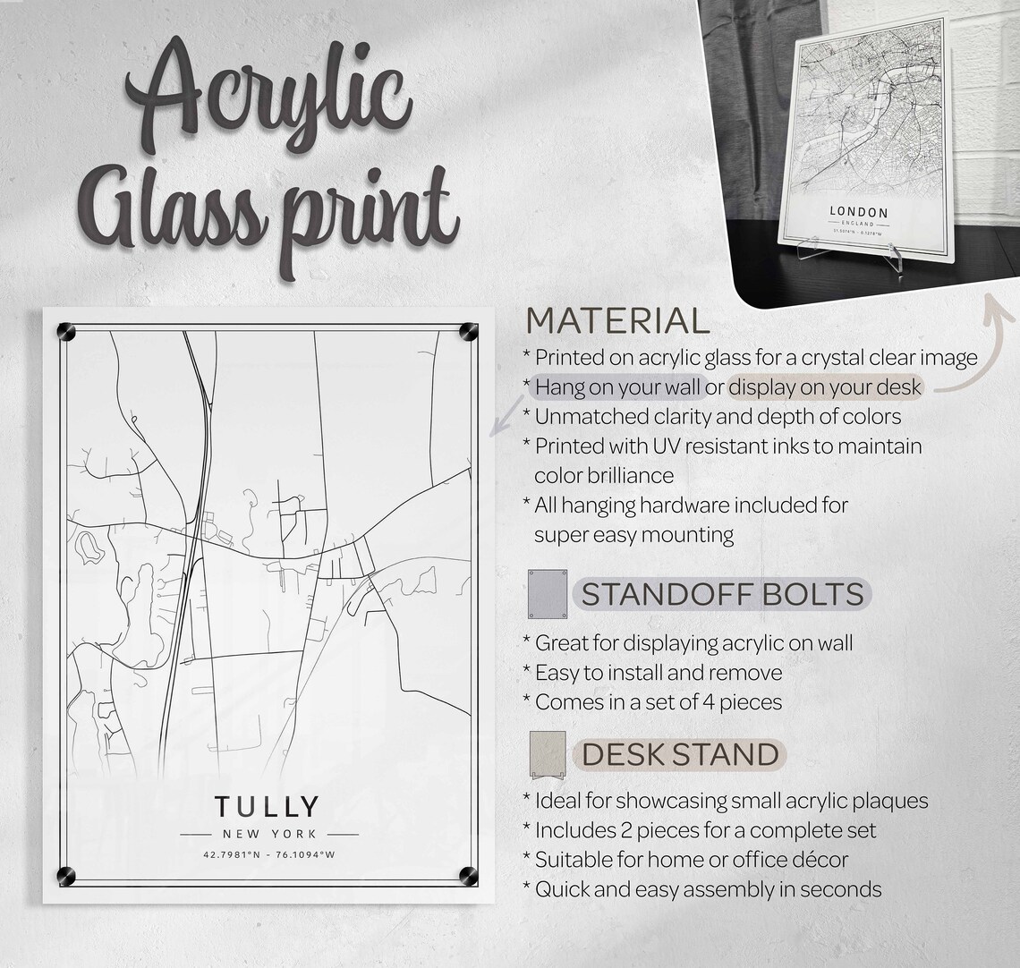 Tully NY Street Map Print | Acrylic Glass Tully City Map Print | Canvas ...