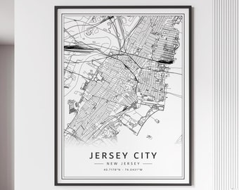 May include: Black and white map print of Jersey City, New Jersey. The map shows the city streets and waterways. The text at the bottom reads "Jersey City - New Jersey - 40.7178°N - 74.0431°W".