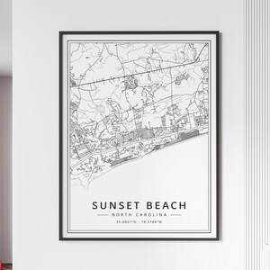 Impression de carte des rues de Sunset Beach en Caroline du Nord | Impression de carte de ville de Sunset Beach en verre acrylique | Impression de carte routière Sunset Beach sur toile | Poster Carte de la plage au coucher du soleil