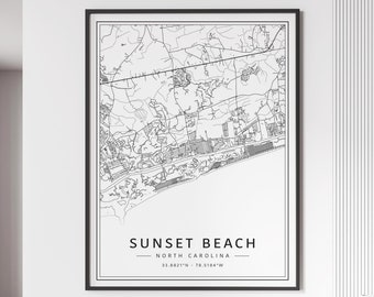 May include: Black and white line art map of Sunset Beach, North Carolina. The map shows the streets and coastline of the town. The text "Sunset Beach, North Carolina" and the coordinates "33.8821°N - 78.5184°W" are printed below the map.