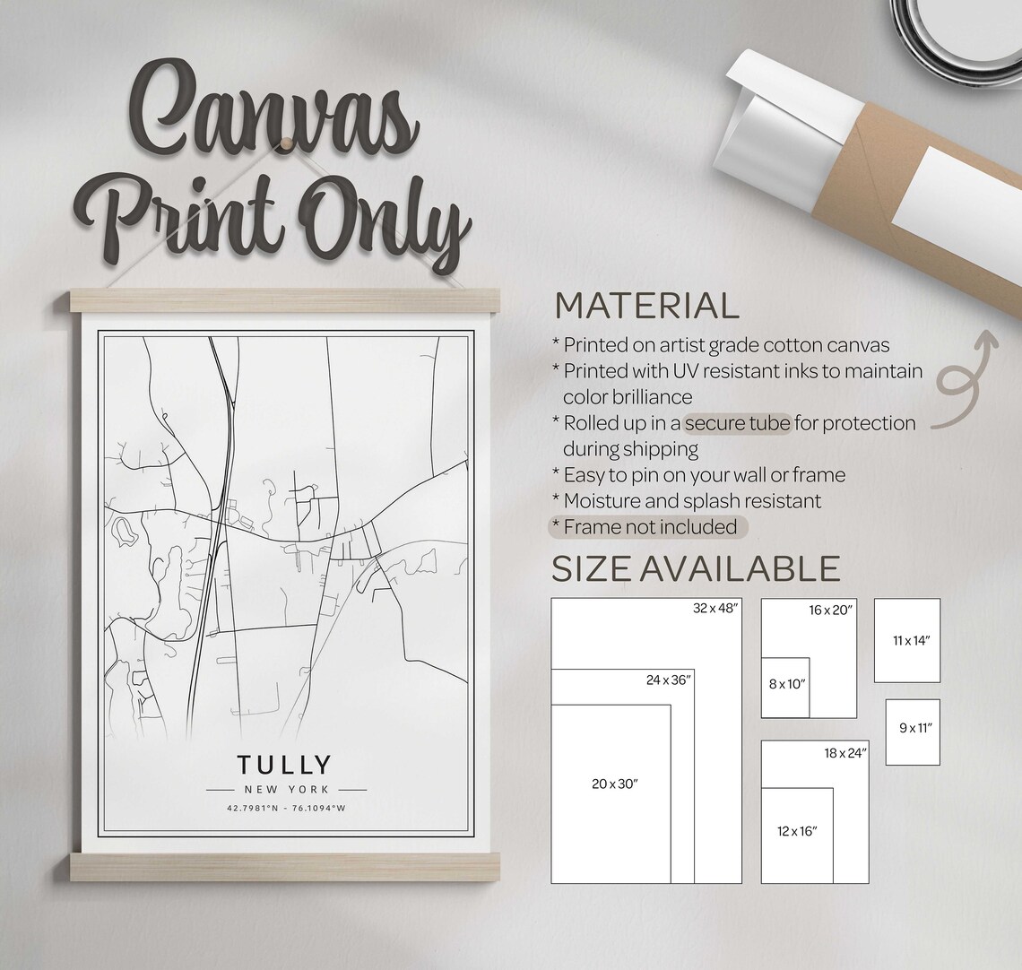 Tully NY Street Map Print | Acrylic Glass Tully City Map Print | Canvas ...