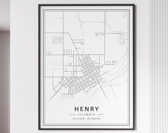 Henry IL Street Map Print | Acrylic Henry City Map Print | Canvas Henry Road Map Print | Poster Henry Map Print