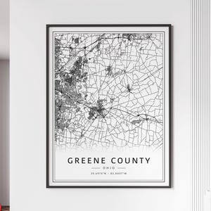Carte des rues du comté de Greene, Ohio, impression de | Impression de carte du comté de Greene en verre acrylique | Impression de carte routière du comté de Greene | Impression de carte d'affiche