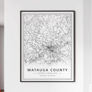 Carte des rues du comté de Watauga en Caroline du Nord impression | Impression de carte du comté de Watauga en verre acrylique | impression de carte routière du comté de Watauga | Impression de carte d'affiche