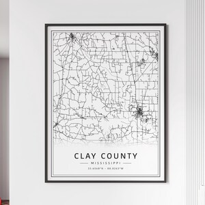 Carte des rues MS du comté de Clay | Impression de carte du comté de Clay en verre acrylique | Impression de carte routière du comté de Clay | Poster Impression de la carte du comté de Clay