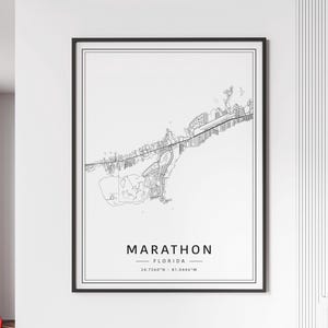 Impression du plan des rues de Marathon en Floride | Impression de carte de la ville de Marathon sur verre acrylique | Impression de carte routière Marathon sur toile | Poster Impression carte du marathon