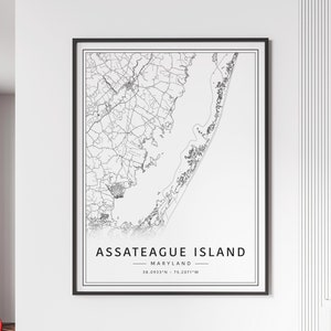 Impression du plan des rues d'Assateague Island, MD | Carte en verre acrylique de l'île d'Assateague | Carte routière de l'île d'Assateague sur toile | Poster Île d'Assateague