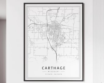 Carthage MO Street Map Print | Acrylic Glass Carthage City Map Print | Canvas Carthage Road Map Print | Poster Carthage Map Print