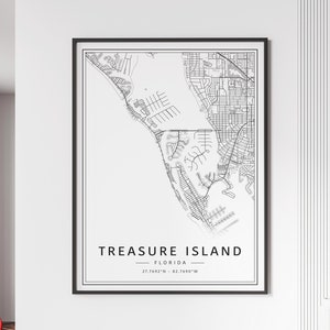 Carte des rues de l'île au trésor en Floride | Carte de l'île au trésor en verre acrylique | Impression de carte routière de l'île au trésor sur toile | Poster Carte de l'île au trésor